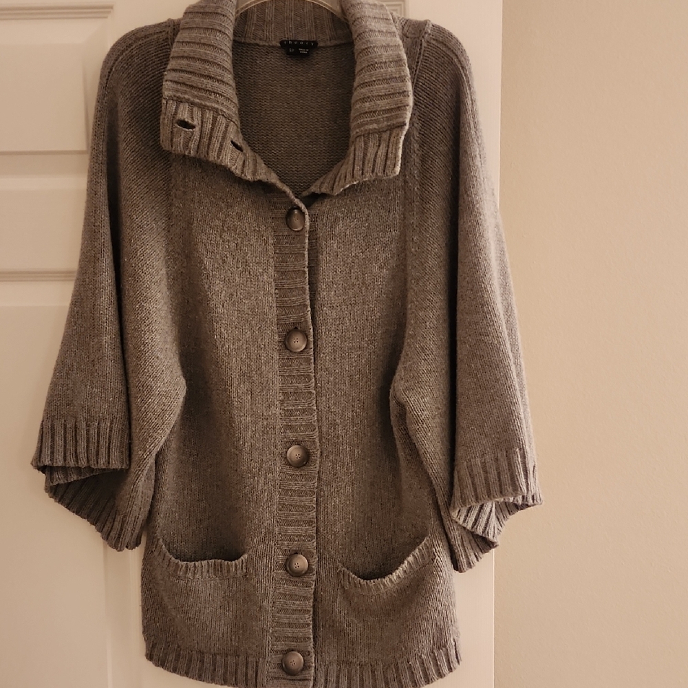 Theory Gray Button-Up Cardigan w/ 3/4 Length Wide Sleeves and Front Pockets